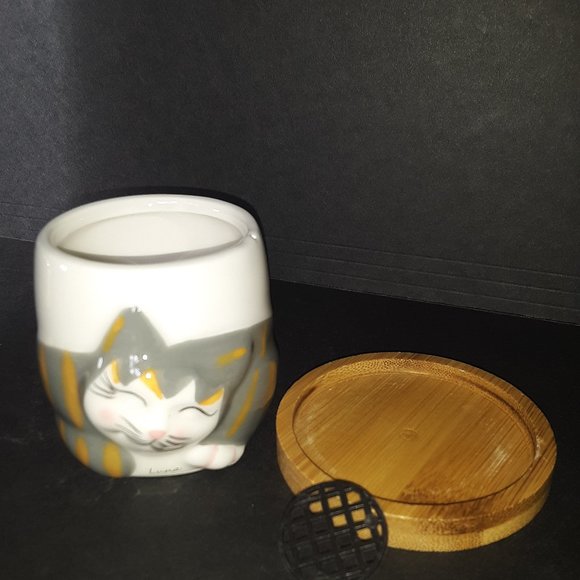 Kitty Cat Planter with Bamboo Saucer NWOT - Picture 2 of 5